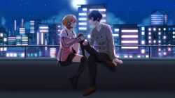  1boy 1girl ankle_boots bare_shoulders black_pants black_skirt black_thighhighs blue_hair blurry blurry_background blush boots brown_eyes brown_hair brown_shoes building buttons choker city cityscape closed_mouth clouds cloudy_sky coat collarbone couple cross-laced_clothes cross-laced_sleeves cross-laced_sweater earphones english_commentary flipped_hair from_side full_body fur-trimmed_sweater fur_trim grey_coat hands_on_own_knee hetero highres knee_up listening_to_music long_sleeves looking_at_another miniskirt night night_sky off-shoulder_sweater off_shoulder official_alternate_costume outdoors pants persona persona_3 persona_3_reload pink_sweater profile railing ribbed_sweater shared_earphones shoes short_hair sitting skirt sky smile star_(sky) starry_sky strap sweater takeba_yukari thigh-highs tonyrg33 turtleneck turtleneck_sweater white_choker white_sweater yuuki_makoto_(persona_3) 