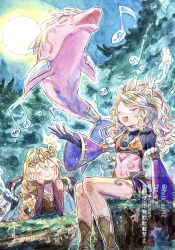  2girls blonde_hair breasts closed_eyes crop_top dolphin duel_monster full_moon hair_ornament hands_on_own_face highres mizutama_(mizutamalion) moon multiple_girls music musical_note navel on_tree_stump open_mouth ritual_beast_tamer_lara ritual_beast_tamer_zefrawendi singing sitting smile spiritual_beast_tamer_lara tagme twitter_username yu-gi-oh! 