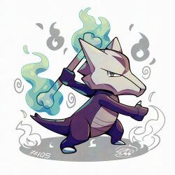  alolan_marowak black_skin bone claws colored_skin fire green_fire holding holding_bone mistray-art no_humans numbered pokemon pokemon_(creature) signature simple_background solo tail white_background 