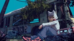  1girl absurdres animal_ears baseball_cap blonde_hair blue_pants blue_sky boombox bus condenser_unit dog_ears dog_girl graffiti grey_jacket hat hat_under_hood headphones headphones_around_neck highres hood hood_up hooded_jacket jacket kmnz lita_(kmnz) long_hair long_sleeves motor_vehicle official_art overgrown pants pink_shoes puffy_long_sleeves puffy_sleeves pusen_(puuu_sen555) shoes sitting sky sneakers solo traffic_cone violet_eyes virtual_youtuber 