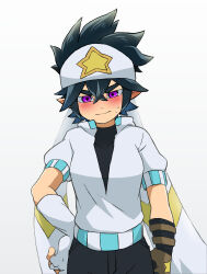  1girl aotu_world asymmetrical_gloves bandana black_gloves black_hair black_pants black_shirt blush breasts brown_gloves clenched_hand closed_mouth cowboy_shot embarrassed fingerless_gloves genderswap genderswap_(mtf) gloves hair_between_eyes hand_on_own_hip headband highres hood hood_down hooded_jacket jacket looking_at_viewer medium_breasts multicolored_gloves pants pointy_ears print_headband puffy_sleeves ray_(aotu_world) shirt short_hair short_sleeves simple_background solo spiky_hair standing star_(symbol) star_print sweat thick_eyebrows user_kkya5245 violet_eyes white_background white_gloves white_headband white_jacket 