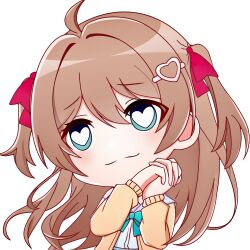  1girl absurdres ahoge aqua_bow aqua_bowtie blue_eyes blue_sailor_collar bow bowtie brown_hair cardigan chibi chibi_only closed_mouth commentary english_commentary from_side hair_between_eyes hair_ornament hair_ribbon heart heart-shaped_pupils heart_hair_ornament highres interlocked_fingers long_hair long_sleeves neuro-sama open_cardigan open_clothes own_hands_together red_ribbon ribbon sailor_collar shirt shirt_tucked_in solo sticker_(medium) symbol-shaped_pupils two_side_up user_mrsd7573 vedal_ai virtual_youtuber white_shirt yellow_cardigan 