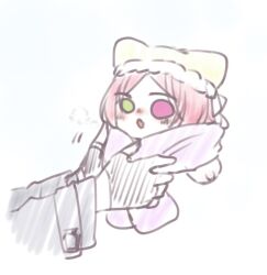  2girls :o adjusting_another's_clothes animal_ears animal_hands assault_lily black_gloves blue_background blush breath cat_ears cat_girl cat_paws chibi commentary_request cropped_torso funada_kiito fur-trimmed_headwear fur_trim gloves gradient_background green_eyes hat heterochromia kemonomimi_mode long_sleeves looking_at_another motion_lines multiple_girls nigari_(ngari_0115) nose_blush out_of_frame parted_bangs parted_lips partially_fingerless_gloves purple_scarf red_eyes red_hair scarf shiba_tomoshibi solid_eyes solo_focus two-tone_background white_background yellow_hat 