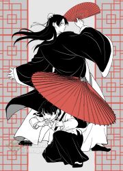  1boy 1girl beads black_hair black_shoes black_skirt blunt_bangs bun_cover chara_no7 chinese_clothes flats folding_fan full_body hair_beads hair_bun hair_ornament half_updo hand_fan highres holding holding_fan holding_umbrella jinshi_(kusuriya_no_hitorigoto) kusuriya_no_hitorigoto long_hair long_skirt maomao_(kusuriya_no_hitorigoto) monochrome oil-paper_umbrella on_one_knee parted_bangs pillarboxed red_theme shirt shoes sidelocks skirt twitter_username umbrella white_shirt wide_sleeves 