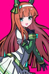  1girl animal_ears blue_eyes blunt_bangs blush bow ear_bow ear_covers ear_flower green_eyes hair_ornament hairband highres hime_cut horse_ears horse_girl horse_tail kikkasoon long_hair long_sleeves looking_at_viewer orange_hair orange_tail shirt silence_suzuka_(innocent_silence)_(umamusume) silence_suzuka_(umamusume) skirt smile solo tail umamusume white_hairband 