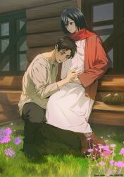  1boy 1girl absurdres black_hair black_pants blue_eyes blush boots brown_boots brown_cardigan brown_hair cabin cardigan couple dress english_commentary eren_yeager flower full_body grass grey_eyes grey_shirt hair_between_eyes hand_on_another's_stomach head_on_another's_stomach hetero highres long_sleeves mikasa_ackerman niku_(ni23ku) on_one_knee open_cardigan open_clothes outdoors pants parted_lips pink_flower pregnant red_scarf scarf shingeki_no_kyojin shirt short_hair sitting sleeves_past_wrists white_dress 