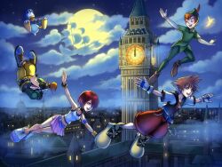  2girls 4boys artist_name blue_eyes brown_hair closed_eyes clouds commentary disney dog_boy donald_duck duck_boy elizabeth_tower english_commentary fairy flying full_moon furry furry_male goofy green_hat hat highres hollypolllyy kairi_(kingdom_hearts) kingdom_hearts kingdom_hearts_i mini_person minigirl moon multiple_boys multiple_girls night night_sky nomura_tetsuya_(style) orange_hair outdoors pants peter_pan_(disney) red_hair red_pants ship shoes short_sleeves signature size_difference sky sora_(kingdom_hearts) tinker_bell_(disney) walt_disney's_peter_pan watercraft yellow_pants yellow_shoes 