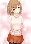  1girl brown_eyes brown_hair misaka_mikoto pantyhose shin_(highest1192) short_hair smile standing sweater to_aru_kagaku_no_railgun to_aru_majutsu_no_index 