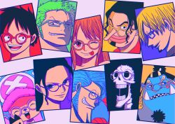  2girls 6+boys ^_^ black_hair blonde_hair blue_skin brook_(one_piece) closed_eyes colored_skin commentary cross facial_hair franky_(one_piece) glasses goatee green_hair hat highres jinbe_(one_piece) long_hair long_nose monkey_d._luffy multiple_boys multiple_girls mustache nacc_zkzk79 nami_(one_piece) nico_robin one_eye_closed one_piece roronoa_zoro sanji_(one_piece) scar scar_on_face short_hair sideburns sidelocks skeleton straw_hat_pirates tongue tongue_out tony_tony_chopper tusks usopp 