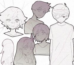  2girls 4boys antenna_hair aubrey_(faraway)_(omori) aubrey_(omori) bandaged_head bandages bandaid bandaid_on_cheek bandaid_on_face basil_(faraway)_(omori) basil_(hospital_gown)_(omori) basil_(omori) brother_and_sister brothers closed_mouth collarbone commentary double-parted_bangs eyepatch greyscale hair_between_eyes hairband hero_(faraway)_(omori) hero_(omori) highres hospital_gown kel_(faraway)_(omori) kel_(omori) long_hair looking_at_viewer mari_(faraway)_(omori) mari_(omori) medical_eyepatch monochrome multiple_boys multiple_girls nico0 omori parted_lips short_hair short_sleeves siblings sidelocks sketch spoilers sunny_(hospital_gown)_(omori) sunny_(omori) symbol-only_commentary tearing_up 