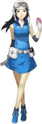  1girl absurdres ankle_boots asahi_(megami_tensei) belt belt_pouch black_hair boots buckle cellphone crossed_legs doi_masayuki dress earrings elbow_pads full_body gloves goggles goggles_on_head grey_eyes highres jewelry looking_at_viewer official_art phone pocket pouch shin_megami_tensei shin_megami_tensei_iv_final sleeveless sleeveless_dress smartphone solo standing third-party_source transparent_background utility_belt watson_cross white_gloves 