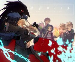  2girls 5boys aerosol agatha_flattz animal_head anti-eyebrow_piercing bandana bandana_over_mouth bird_boy black_hair black_skin black_suit blonde_hair brothers brown_hair burn_scar caron_(higyaku_no_noel) colored_skin crowbar dark-skinned_female dark_skin demon_boy eyepatch face_piercing fugo_dressel glasses hair_over_one_eye higyaku_no_noel holding holding_crowbar hood hug jacket lauro_maestri long_hair multicolored_hair multiple_boys multiple_girls noel_cerquetti oscar_dressel piercing scar scar_on_face short_hair siblings smile spray_can suit yuuta_roo zoe_taska 