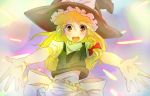  blonde_hair blush bow braid bust hair_bow hat ibaba kirisame_marisa long_hair looking_at_viewer midriff open_mouth outstretched_arms outstretched_hand solo touhou witch witch_hat yellow_eyes 