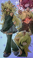  2girls alternate_costume an-coinin animal_ear_piercing animal_ears animal_nose antlers bare_shoulders black_eyes black_leggings black_nails black_sweater blonde_hair blue_background blush buck_teeth commentary cross cross_necklace deer_ears deer_tail deltarune detached_leggings detached_sleeves english_commentary freckles full_body grey_skirt hair_ornament hair_over_one_eye hairclip heart highres horns imagining jewelry lace-trimmed_skirt lace_trim leggings multiple_girls multiple_views nail_polish necklace noelle_holiday own_hands_together parallel_hairclips pleated_skirt reindeer_antlers reindeer_girl skirt sleeves_past_wrists solo_focus sparkle speech_bubble spoken_character susie_(deltarune) sweater tail teeth thought_bubble twitter_username utdr_(toby_fox) v_arms yuri 