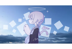  1girl angel angel_wings black_shirt detached_wings from_side ghost grey_sailor_collar halo highres letterboxed mini_wings omochi_noa original profile sailor_collar school_uniform serafuku shirt short_hair signature traditional_halo upper_body wings 