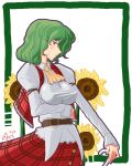  ascot bangs belt blush breast_hold breasts buckle dress_shirt erect_nipples flower frills green_hair highres impossible_clothes impossible_clothing impossible_shirt kazami_yuuka leaning_back plaid plaid_skirt plaid_vest profile puffy_sleeves red_eyes shirt short_hair skirt skirt_set solo sunflower tartan taut_shirt touhou vest white_background youkai yuro 