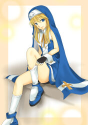  1boy adjusting_sock aika_(nikukyuu29) ankle_boots bare_shoulders bike_shorts black_gloves black_shorts blonde_hair blue_boots blue_eyes blue_veil blue_vest boots border bridget_(guilty_gear) closed_mouth commentary cross cross_print fingerless_gloves foot_out_of_frame gloves guilty_gear guilty_gear_xx guimpe knee_up kneehighs long_sidelocks looking_at_viewer male_focus medium_hair neck_ribbon nun orange_border outside_border print_wrist_cuffs ribbon shirt shorts sidelocks sitting sleeveless sleeveless_shirt smile socks solo trap veil vest white_background white_shirt white_socks white_trim white_wrist_cuffs wrist_cuffs yellow_ribbon 