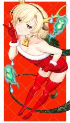  1girl antlers blonde_hair breasts christmas dragon_girl dragon_horns dragon_tail dress fake_antlers fur-tipped_tail fur-trimmed_dress fur_trim gloves green_scales green_tail hataraki_kuma highres horns kicchou_yachie looking_at_viewer monster_girl otter otter_spirit_(touhou) red_dress red_eyes red_gloves red_shoes red_thighhighs reindeer_antlers santa_costume santa_dress scales shoes short_hair smile solo tail thigh-highs touhou turtle_shell yellow_horns 