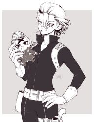 1boy belt black_bodysuit bodysuit candy character_doll cigarette collarbone cowboy_shot doll dr._stone eyelashes facial_mark food front_zipper gloves greyscale gun hair_between_eyes hand_on_own_hip holding holding_doll holster holstered light_smile lips lipstick lollipop looking_at_viewer makeup male_focus monochrome mouth_hold ninomae_gin short_hair signature smile smoking smoking_pipe solo stanley_snyder_(dr.stone) stuffed_toy thigh_holster weapon xeno_(dr.stone) zipper 