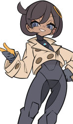  1girl black_bodysuit black_gloves black_hair bodysuit bodysuit_under_clothes breasts brown_jacket commentary_request cxdotchison dark-skinned_female dark_skin emma_(pokemon) gloves hair_ornament highres jacket latex latex_bodysuit looking_at_viewer mega_stone open_mouth orange_gloves pokemon pokemon_legends:_z-a short_hair simple_background smile solo two-tone_gloves violet_eyes white_background 