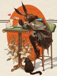  1girl absurdres amiya_(arknights) animal animal_ears arknights black_cat black_jacket black_pantyhose black_shoes blue_eyes brown_hair cat chair character_name flower from_side full_body hair_between_eyes head_rest heart highres hood hood_down jacket jewelry leaning_forward leaning_on_table long_hair long_sleeves on_chair pantyhose ponytail profile rabbit_ears rabbit_girl ring shoes sitting solo table white_cat white_flower yolk_(user_sssk5878) 