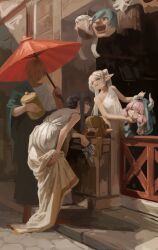  1boy 2girls absurdres aura closed_eyes closed_mouth commentary dana_(ocana_dana) eisen_(sousou_no_frieren) elf english_commentary fern_(sousou_no_frieren) fine_art_parody frieren highres himmel_(sousou_no_frieren) holding holding_umbrella mask masks_seller_in_pompeii meme multiple_girls parasol parody pointy_ears serie_(sousou_no_frieren) smile sousou_no_frieren stark_(sousou_no_frieren) twintails umbrella unworn_mask upward_angle_frieren_drawing_(meme) white_hair 