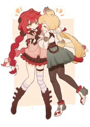  2girls :3 alice_thymefield animal_ears black_gloves black_sailor_collar blonde_hair blush boots border bow braid braided_twintails brown_boots brown_pantyhose cardigan chest_bow closed_eyes closed_mouth commentary_request dotted_line fingerless_gloves full_body gloves green_eyes green_skirt hair_bow hair_ornament hearing_aid highres holding_hands implied_yuri interlocked_fingers long_hair looking_at_viewer loose_thighhigh low_twintails multiple_girls notice_lines open_mouth outside_border pantyhose pink_cardigan rabbit_ears rabbit_girl rabbit_tail red_hair sailor_collar shirt shoes siomimi skirt sparkle sphere_hair_ornament striped_clothes striped_thighhighs tail thigh-highs thigh_strap twintails ukinami_yuzuha white_border white_bow white_shirt white_shoes white_thighhighs zenless_zone_zero 