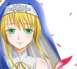  1boy artist_request bare_shoulders blonde_hair bloom blue_veil blurry blurry_foreground bridget_(guilty_gear) closed_mouth colored_eyelashes falling_petals floating_clothes floating_hair green_eyes guilty_gear guilty_gear_xx guimpe hair_between_eyes long_sidelocks male_focus mars_symbol neck_ribbon nun petals pink_petals portrait ribbon short_hair sidelocks simple_background smile solo straight-on trap two-sided_veil veil white_background yellow_ribbon 