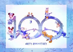  bird bow chip_(disney) closed_eyes commentary_request daisy_duck dale_(disney) disney dog donald_duck dress duck eyelashes goofy happy_anniversary hat highres looking_at_another looking_at_viewer mickey_mouse mickey_mouse_&amp;_friends minnie_mouse nana_coco77 pluto_(disney) shadow shoes smile sparkle squirrel white_shoes 