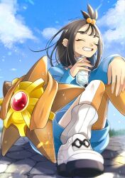  1girl black_hair blue_hoodie blue_sky blush bottle choker closed_eyes clouds cube_hair_ornament earclip hair_ornament highres holding holding_bottle hood hood_down hoodie jacket leggings lida_(pokemon) long_hair long_sleeves open_mouth orange_leggings outdoors pokemon pokemon_(creature) pokemon_legends:_z-a ribbed_socks shoes sky smile socks staryu sweat teeth topknot two-tone_legwear water_bottle white_choker white_leggings white_socks wispy_bangs yomogi_(black-elf) 