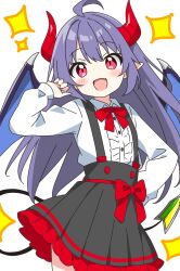  1girl :d black_skirt blush bow bowtie collared_shirt commentary_request cowboy_shot demon_girl demon_horns demon_tail demon_wings dot_nose fang frilled_skirt frills horns kotatsu-mazoku long_hair long_sleeves looking_at_viewer open_mouth original pleated_skirt purple_hair red_bow red_bowtie red_eyes shirt shoshinsha_demon_girl_(kotatsu-mazoku) shoshinsha_mark simple_background skin_fang skirt smile solo sparkle suspender_skirt suspenders tail waist_bow white_background white_shirt wings 