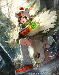  animal_hood ball black_hair capelet cosplay final_fantasy final_fantasy_vii final_fantasy_vii_remake fingerless_gloves gloves grey_shorts holding holding_ball hood hooded_capelet loose_socks magic:_the_gathering materia moogle moogle_(cosplay) nijihayashi official_art on_one_knee open_mouth orange_gloves orange_shoes shoes short_hair shorts single_arm_guard single_fishnet_legwear smile sneakers socks square_enix torn_capelet torn_clothes white_socks 