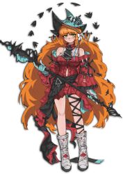  1girl absurdres aqua_gloves aqua_hat arknights ascot black_ascot boots bow brown_hairband choker clothing_cutout cosplay dress fish full_body gloves hair_bow hairband hat highres holding holding_staff ishmael_(project_moon) limbus_company looking_at_viewer navel_cutout off-shoulder_dress off_shoulder project_moon red_choker red_dress rope simple_background skadi_(arknights) skadi_the_corrupting_heart_(arknights) skadi_the_corrupting_heart_(arknights)_(cosplay) solo staff white_background white_boots white_bow xingyun_mantle 