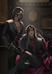  2boys abs alternate_costume arm_rest armchair black_gloves black_hair black_jacket black_pants black_shirt black_suit cane cape chair chinese_commentary closed_mouth collarbone collared_shirt colored_inner_hair cookie_run cookie_run:_kingdom crossed_legs crown curtained_hair dark-skinned_male dark_cacao_cookie dark_choco_cookie dark_skin expressionless father_and_son feet_out_of_frame formal_clothes fur-trimmed_cape fur_trim gloves hand_in_pocket highres holding holding_cane humanization indoors jacket jewelry lapels lin_yueran_shi_hao_chazi lips long_hair long_sleeves looking_at_viewer male_focus medium_hair multicolored_hair multiple_boys muzzle_(mask) necklace necktie no_shirt notched_lapels one_eye_closed pants parted_bangs picture_frame pocket_square pointed_crown purple_cape purple_necktie red_eyes red_hair riviere_(necklace) scar scar_across_eye scar_on_face shawl_lapels shirt sideways_glance spotlight standing straight-on suit suit_jacket swept_bangs violet_eyes 