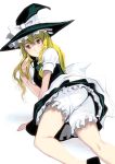  bad_id blonde_hair bloomers bow braid from_behind hair_bow hat kirisame_marisa kneepits long_hair masao simple_background solo touhou witch witch_hat yellow_eyes 