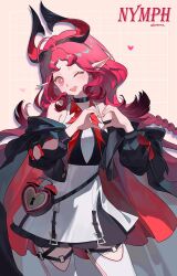  1girl ;d arknights arm_cutout artist_name bare_shoulders black_collar black_jacket bright_pupils brown_background cape character_name clothing_cutout collar cowboy_shot domma1124 dress drop_shadow grid_background hashtag-only_commentary heart heart_hands highres jacket keyhole long_hair long_sleeves looking_at_viewer nymph_(arknights) off_shoulder one_eye_closed pantyhose pink_hair pointy_ears red_cape smile solo standing strap white_dress white_pantyhose white_pupils 