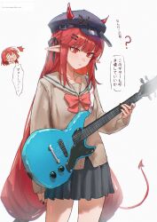  2girls :/ ? absurdres arknights black_hat black_nails black_ribbon black_skirt blue_sailor_collar bocchi_the_rock! bow brown_shirt chibi chibi_inset commentary cosplay demon_horns demon_tail dot_nose electric_guitar expressionless guitar hair_ornament hairpin hat hat_belt highres holding holding_guitar holding_instrument horns horns_through_headwear instrument jewelry kita_ikuyo kita_ikuyo_(cosplay) light_blush long_hair long_sidelocks long_sleeves low-tied_long_hair multiple_girls newsboy_cap pleated_skirt pointy_ears red_bow red_eyes red_hair request_inset ribbon ring sailor_collar school_uniform shirt sidelocks skirt solo_focus speech_bubble surprised symbol-only_commentary tail translation_request uof vigna_(arknights) 