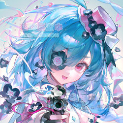  1girl black_flower blue_bow blue_bowtie blue_hair blush bow bowtie commission earrings eyelashes flower gun hair_between_eyes hat hat_flower hat_ornament head_tilt highres holding holding_gun holding_weapon jewelry long_hair looking_at_viewer luhui mini_hat one_eye_covered open_mouth original pink_eyes pink_hat single_earring solo square upper_body watermark weapon 
