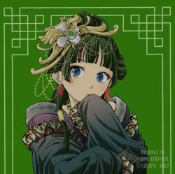  1girl black_dress blue_eyes blunt_bangs chara_no7 chinese_clothes crossed_arms dress earrings eyeshadow green_background green_hair hair_over_shoulder hair_tubes half_updo hand_to_own_mouth headpiece highres jewelry kusuriya_no_hitorigoto light_blush long_hair looking_at_viewer makeup maomao_(kusuriya_no_hitorigoto) pink_eyeshadow sleeves_past_fingers sleeves_past_wrists solo tassel tassel_earrings twitter_username 