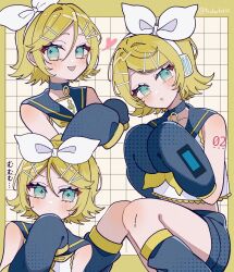  1girl :d :o alt_text arm_warmers black_leg_warmers black_sailor_collar black_shorts blonde_hair blue_eyes border commentary_request double-parted_bangs feet_out_of_frame hair_between_eyes hair_ornament hair_ribbon hairclip hands_up headset heart highres kagamine_rin leg_warmers looking_at_viewer maca1227 multiple_views neckerchief open_mouth outside_border parallel_hairclips parted_bangs ribbon sailor_collar shirt short_hair short_shorts shorts sitting sleeveless sleeveless_shirt smile vocaloid white_background white_ribbon white_shirt yellow_border yellow_neckerchief 