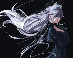  1girl ahoge animal_ear_fluff animal_ears black_background black_choker black_dress blue_archive blue_eyes breasts choker dress extra_ears facing_to_the_side from_side grey_hair halo hand_on_own_chest hanozuku highres large_breasts long_hair nose shiroko_(blue_archive) shiroko_terror_(blue_archive) solo wolf_ears wolf_girl 