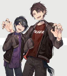  2boys :d artist_name bad_id bad_pixiv_id black_hair black_jacket black_nails black_pants brown_hair claw_pose copyright_request cowboy_shot curtained_hair dated earrings fang grey_background jacket jewelry long_sleeves looking_at_viewer male_focus multiple_boys nail_polish open_clothes open_jacket open_mouth pants parted_bangs purple_shirt red_eyes red_shirt shirt shoden short_hair smile standing t-shirt unzipped violet_eyes visor_cap zipper 