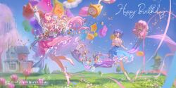  2girls ^_^ absurdres ahoge animal_balloon ankle_bow ankle_socks arm_up balloon belt black_belt black_bow black_choker black_ribbon blue_bow blue_eyes blue_hair blue_shoes blue_skirt blue_sky blunt_bangs bouquet bow bow_legwear bow_skirt bowtie chinese_text choker cloak closed_eyes cross-laced_clothes cross-laced_legwear day ear_covers english_text field floating flower flower_balloon flower_field frilled_shirt frilled_skirt frilled_sleeves frills full_body hair_bow hair_ribbon happy happy_birthday heart_balloon high_heels highres holding holding_balloon holding_bouquet hood hood_up hooded_cloak house infinity_nikki layered_skirt long_hair long_sleeves low_twintails medium_skirt mixed-language_text momo_(nikki) multiple_girls nikki_(nikki) nikki_(series) off-shoulder_shirt off_shoulder one_eye_closed open_mouth orchid outdoors perfect_start_(infinity_nikki) petticoat pink_bow pink_flower pink_hair pink_rose pink_shoes pink_skirt pleated_skirt posy_(infinity_nikki) print_skirt puffy_long_sleeves puffy_sleeves pumps rabbit_balloon red_bow red_bowtie ribbon rose sanbaihui shining_nikki shirt shoes short_hair short_sleeves sidelocks skirt sky smile snowflake_print socks star_balloon streamers striped_clothes striped_skirt stylist_(nikki) traditional_bowtie tree tress_ribbon tulip twintails vertical-striped_clothes vertical-striped_skirt very_long_hair white_flower white_shirt white_skirt white_socks wind wisteria yardling_(infinity_nikki) yellow_cloak 