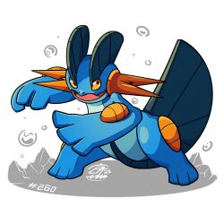  blue_skin bubble colored_skin looking_at_viewer mistray-art no_humans numbered open_mouth orange_eyes pokemon pokemon_(creature) signature simple_background solo swampert tail white_background 