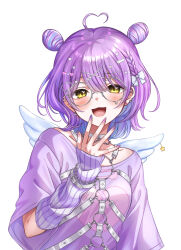  1girl :3 absurdres ahoge angel_wings arm_warmers barbell_piercing bow braid chain chest_harness choker colored_inner_hair double_bun ear_piercing earrings hair_between_eyes hair_bow hair_bun hair_ornament harness heart heart_ahoge highres industrial_piercing jewelry looking_at_viewer medium_hair multicolored_hair multicolored_nails o-ring open_mouth piercing purple_hair purple_shirt round_eyewear sasamisable shinomiya_runa shinomiya_runa_(4th_costume) shirt simple_background solo too_many_hair_ornaments upper_body virtual_youtuber vspo! white_background white_choker wings x_hair_ornament yellow_eyes 