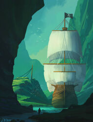  1boy cave_interior flock green_theme jolly_roger landscape mountain original painterly pirate_ship river rock sailing_ship shadow ship signature sky sunlight water watercraft wopgnop 