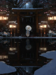  1girl absurdres architecture artist_logo artist_name blue_archive blue_haori commentary_request east_asian_architecture halo haori highres holding holding_umbrella japanese_clothes lantern logo long_hair long_skirt nagusa_(blue_archive) night norio_(norio386) oil-paper_umbrella outdoors reflection reflective_liquid scenery school_uniform serafuku skirt snow snowflake_halo snowing solo stairs torii tree umbrella umbrella_over_shoulder very_long_hair water white_hair white_halo white_serafuku white_skirt white_umbrella wooden_lantern 