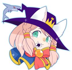  1girl ace_(playing_card) ace_of_spades animal_ears blue_capelet blush bow bowtie braid capelet card card_in_mouth cat_ears cat_girl closed_mouth commentary_request ears_through_headwear fang furry furry_female green_eyes hair_tubes hat looking_at_viewer mouth_hold oekakipikki pink_hair playing_card portrait purple_hat ragnarok_online red_bow red_bowtie shark simple_background skin_fang smile solo spade_(shape) summoner_(ragnarok_online) twin_braids white_background witch_hat 