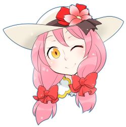  1girl arch_bishop_(ragnarok_online) blush bow closed_mouth commentary_request flower hair_bow hat hat_flower long_hair looking_at_viewer oekakipikki one_eye_closed pink_flower pink_hair portrait ragnarok_online red_bow simple_background smile solo sun_hat white_background white_hat yellow_eyes 
