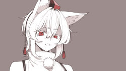  1641_(chfhrtor94) 1girl animal_ear_fluff animal_ears bare_shoulders grey_background hat highres inubashiri_momiji looking_at_viewer parted_bangs red_eyes red_hat simple_background solo touhou upper_body white_hair wolf_ears 